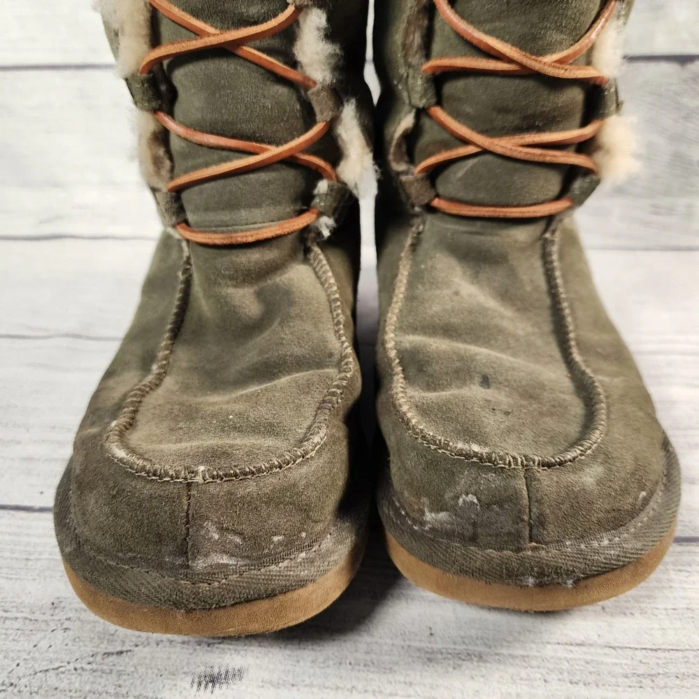 UGG Australia Whitley Womens 6 Tall Boots Olive Green Suede Shearling Trim